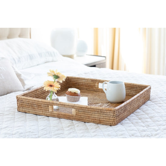 Rattan Square Serving/Ottoman Tray- Honey Brown