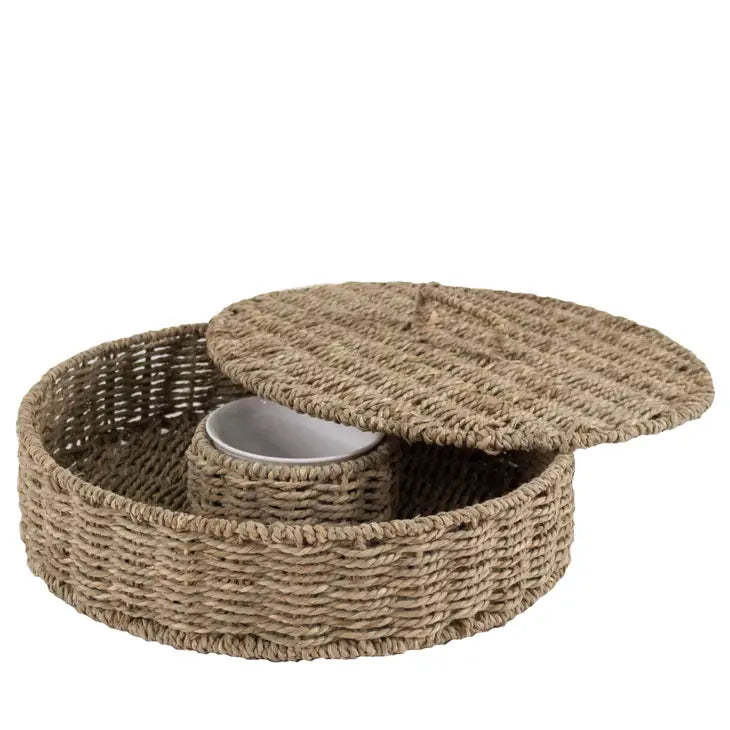 Wicker Chip & Dip Serving Platter with Ceramic Bowl and Lid