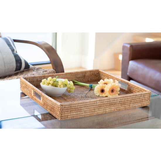 Rattan Square Serving/Ottoman Tray- Honey Brown