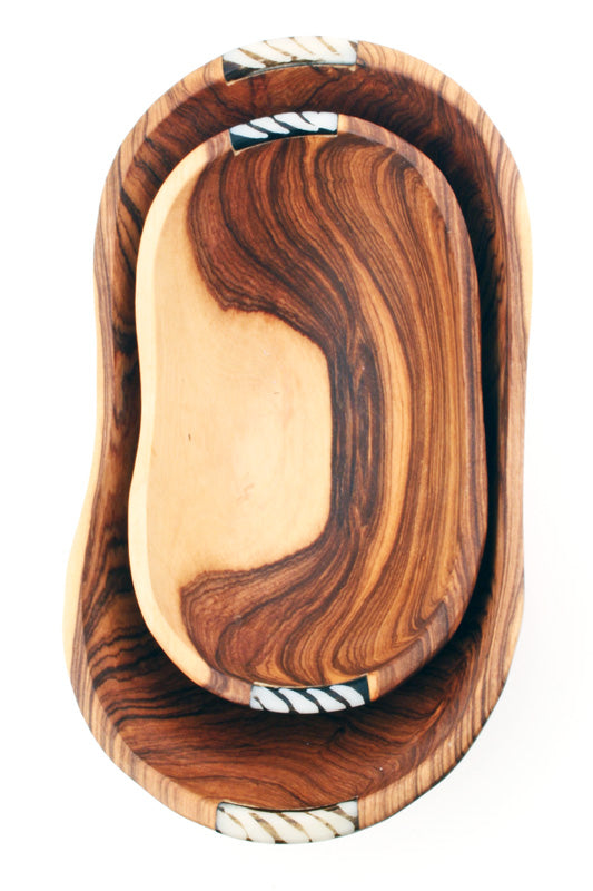 Set of Two Wild Olive Wood Dippy Dip Bowls with Batik Bone Inlay
