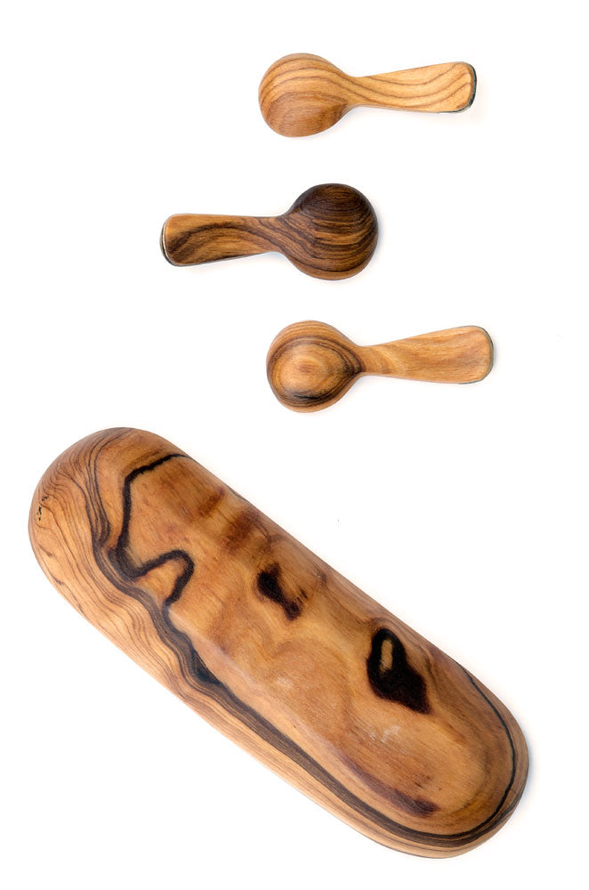 Triple Wild Olive Wood and Batik Bone Spice Bowl with Spoons