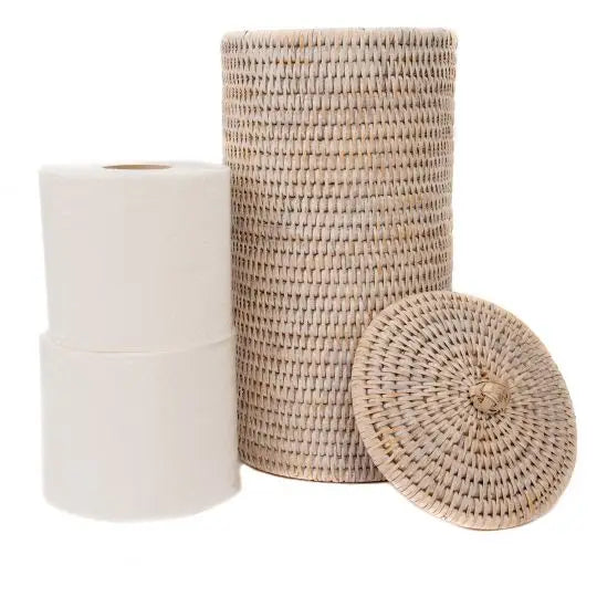 Rattan Double Toilet Roll Holder- White Wash