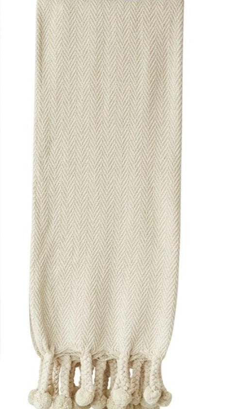 Cotton Throw w/ Pom Pom, Cream