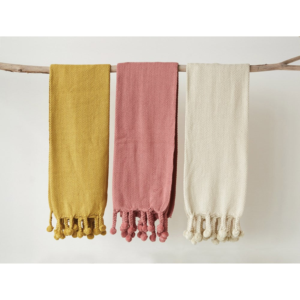 Cotton Throw w/ Pom Pom, Cream