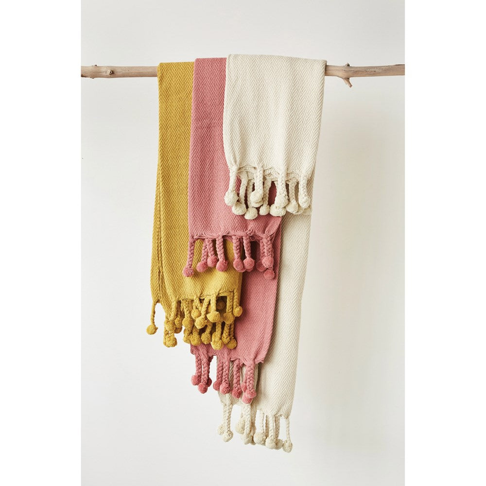 Cotton Throw w/ Pom Pom, Cream