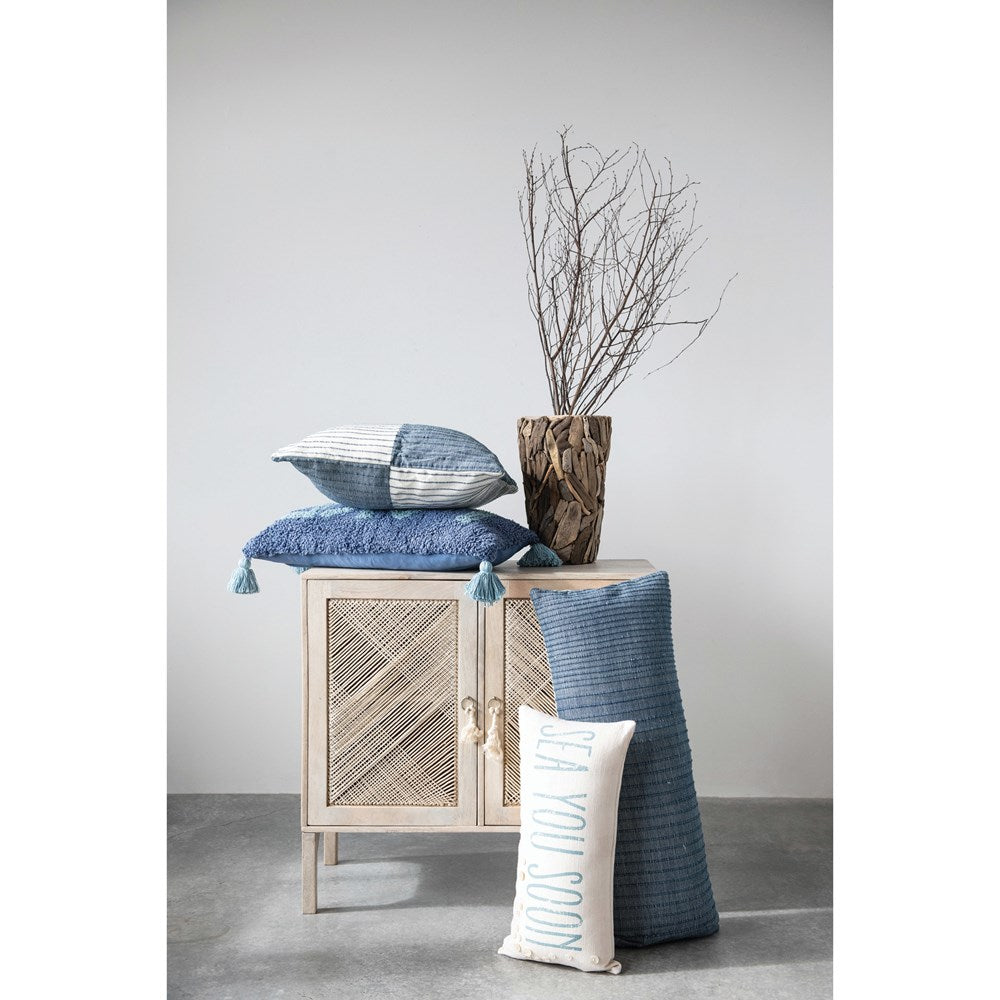 Woven Wool & Cotton Lumbar Pillow with Stripes, Blue & White