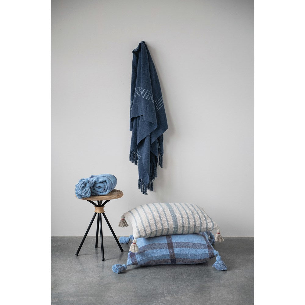 Woven Recycled Cotton Blend Throw with Stripe & Fringe, Blue & White