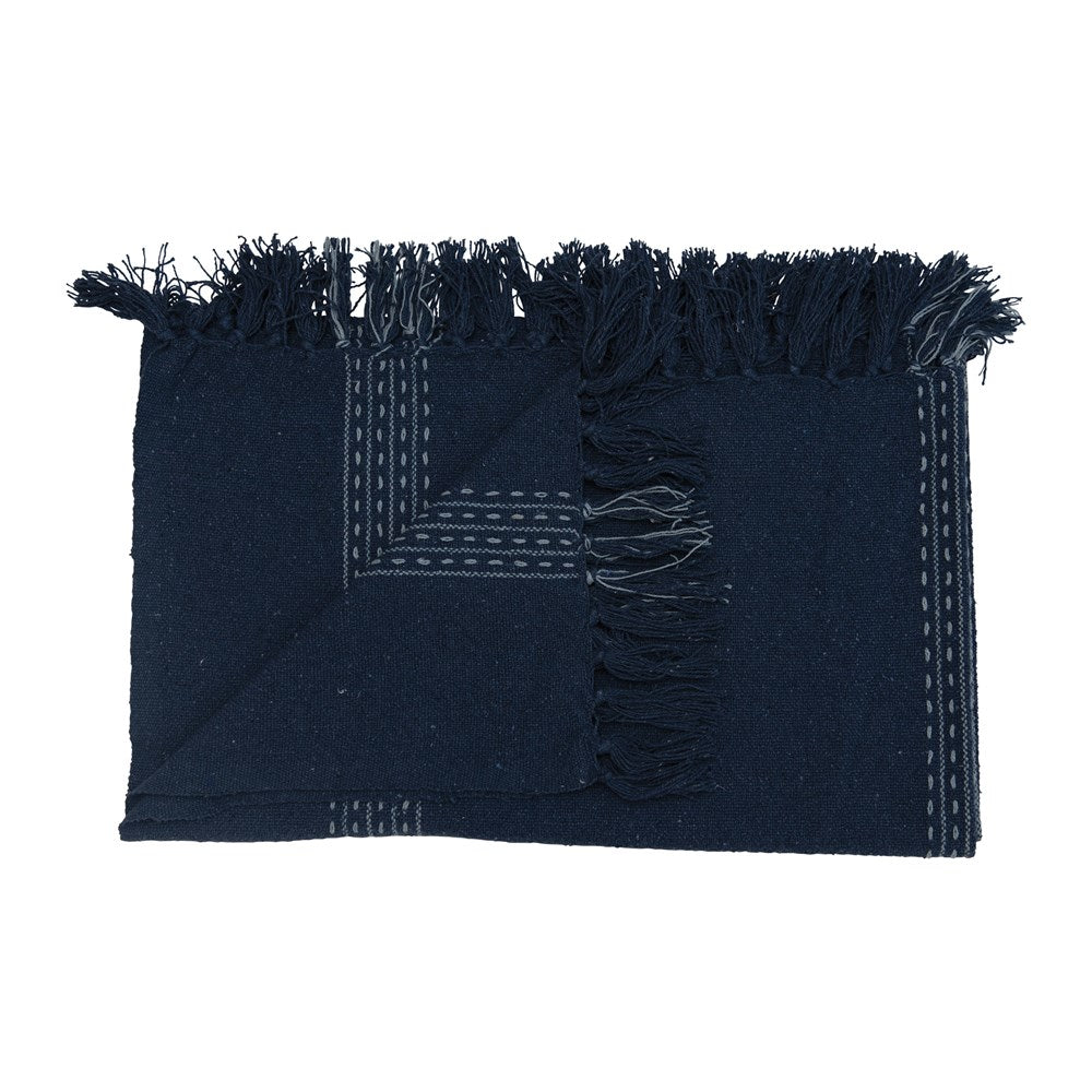 Woven Recycled Cotton Blend Throw with Stripe & Fringe, Blue & White