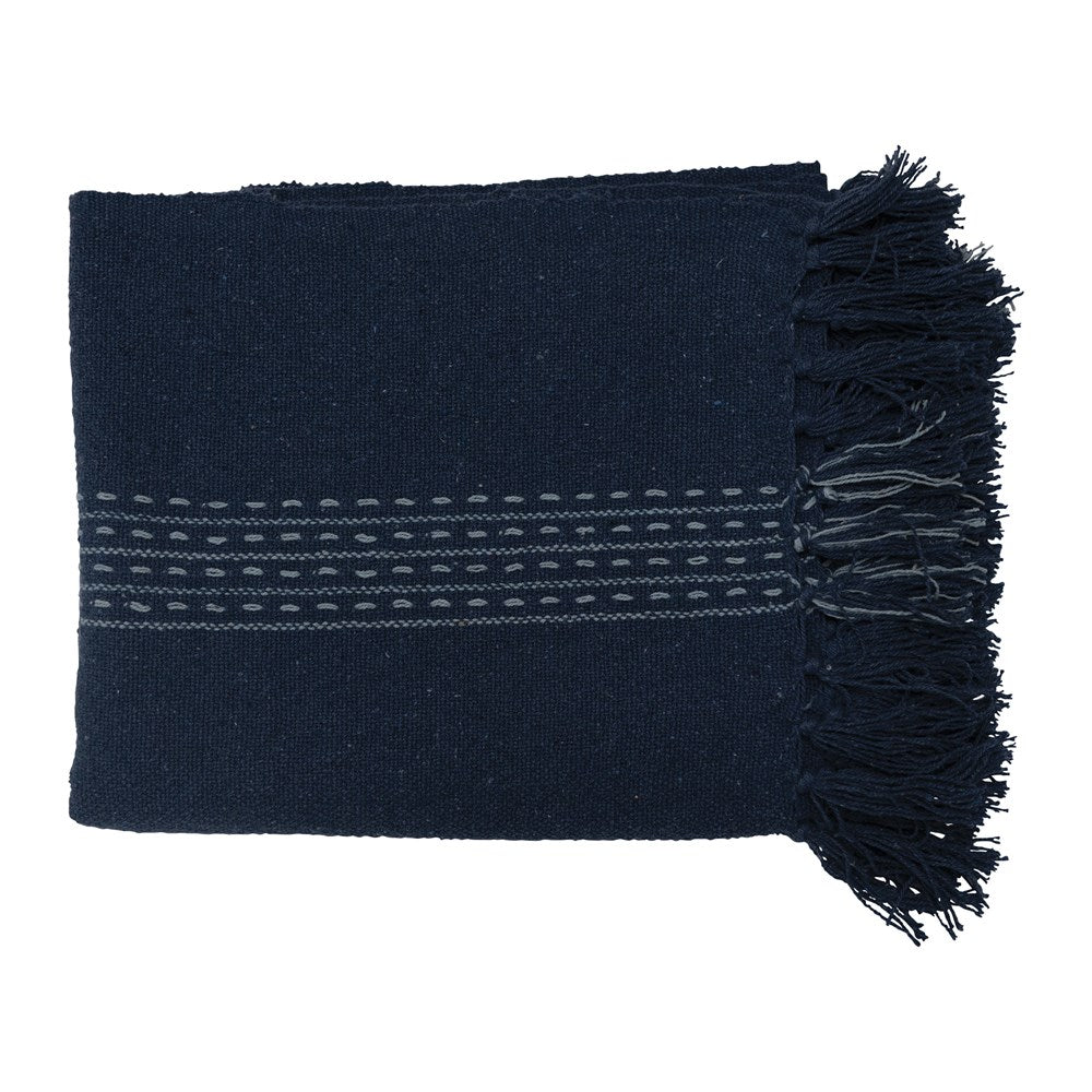 Woven Recycled Cotton Blend Throw with Stripe & Fringe, Blue & White