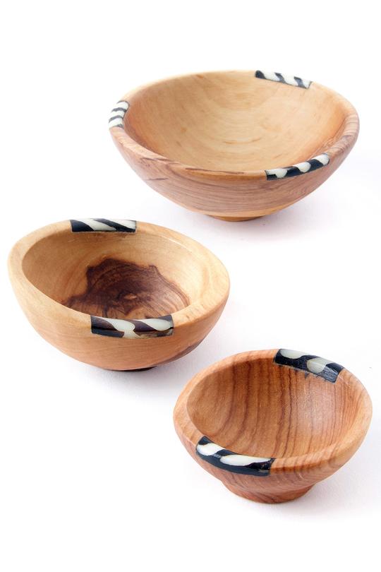 NEW!Set of Three Small Wild Olive Wood and Bone Bowls