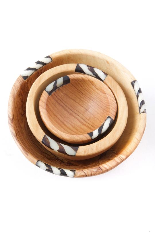 NEW!Set of Three Small Wild Olive Wood and Bone Bowls