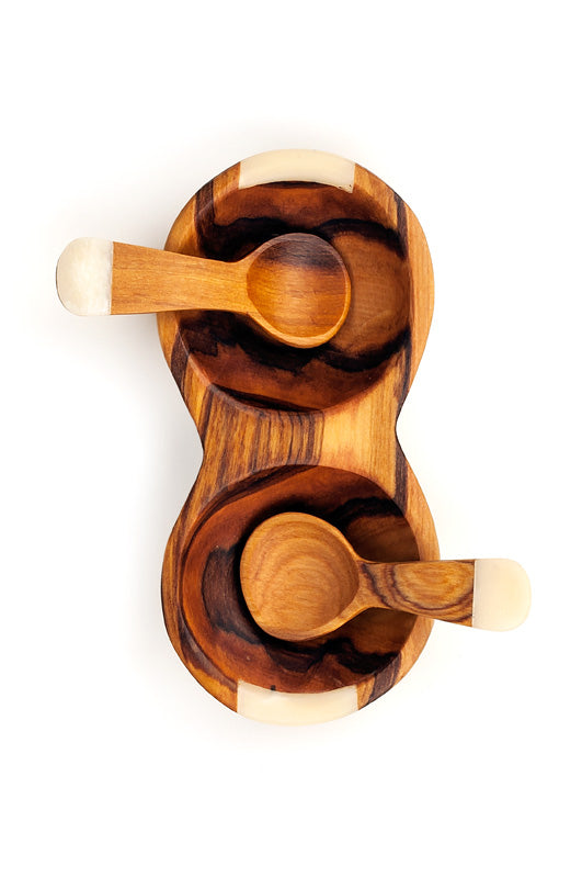 Double Wild Olive Wood and Bone Spice Bowl with Spoons