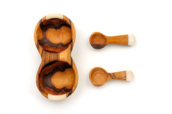 Double Wild Olive Wood and Bone Spice Bowl with Spoons