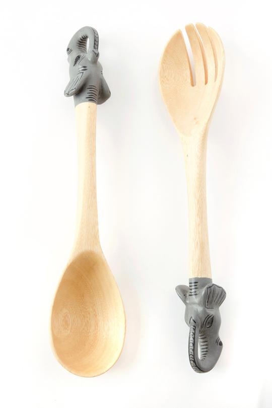 Hand Painted Kenyan Jacaranda Elephant Salad Servers