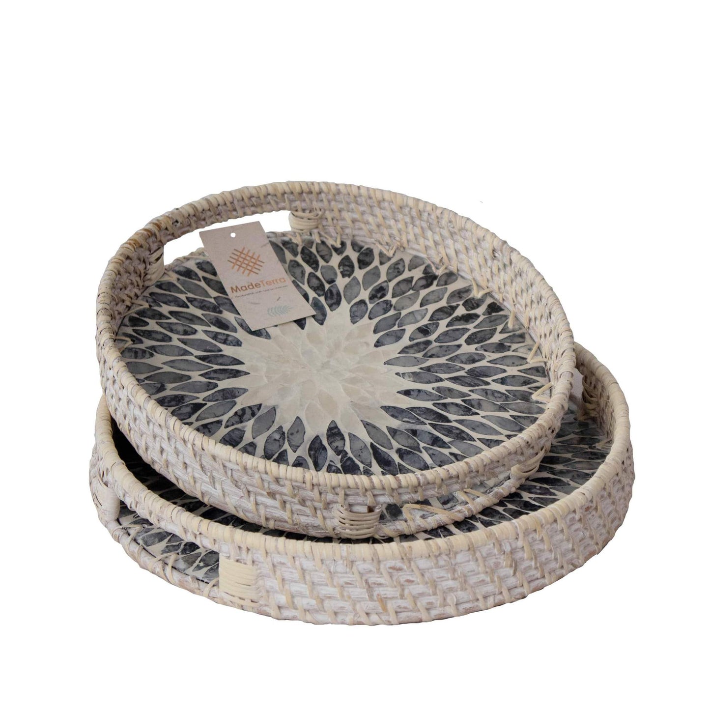 Round Rattan Tray With Nacre Base-White Rattan Medium
