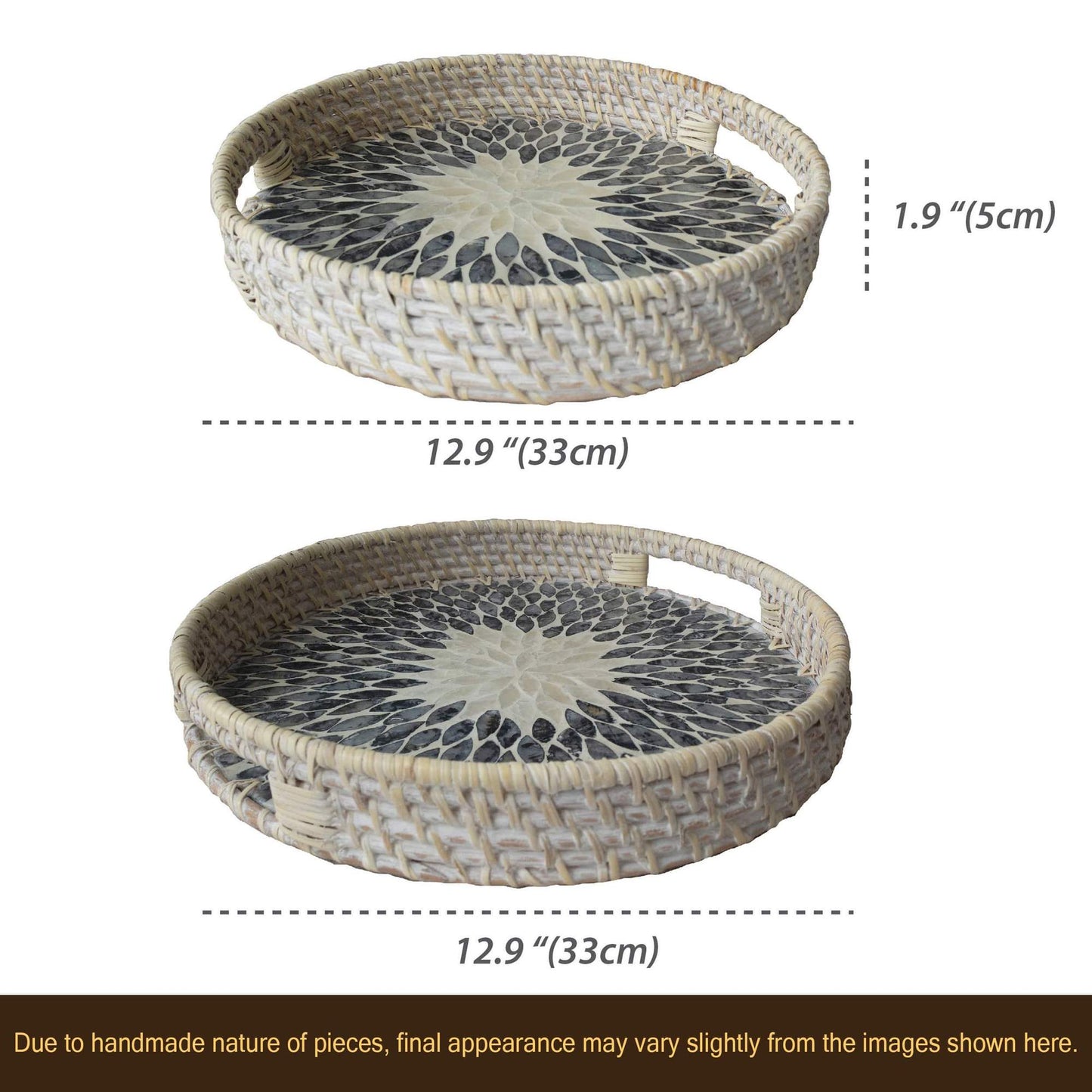 Round Rattan Tray With Nacre Base-White Rattan Medium