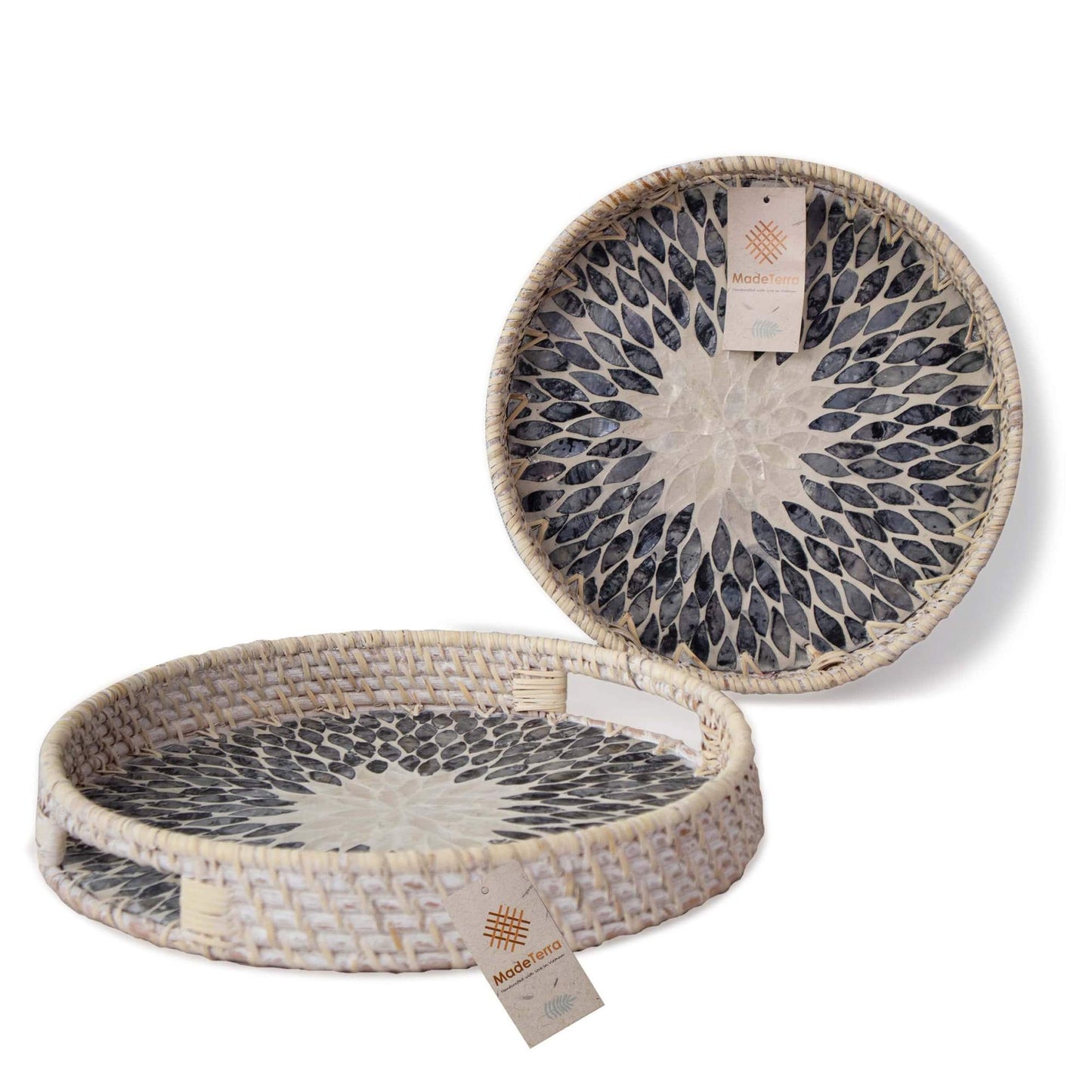 Round Rattan Tray With Nacre Base-White Rattan Small