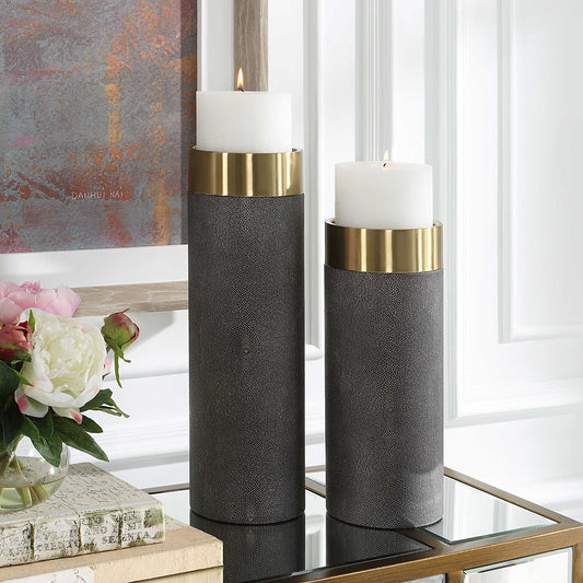 Wessex candleholder set of 2 Gray Faux Shagreen