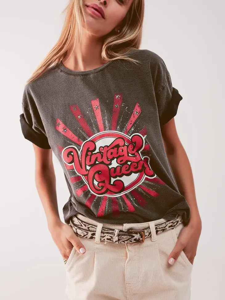 Relaxed T Shirt with Black Vintage Queens Graphic Print