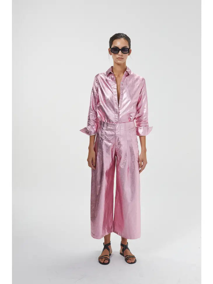 Marino Metallic Linen Shirt - Pink