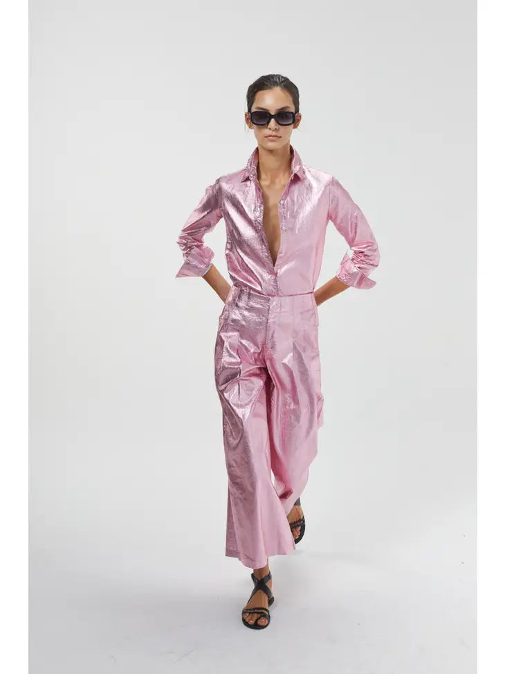 Marino Metallic Linen Shirt - Pink