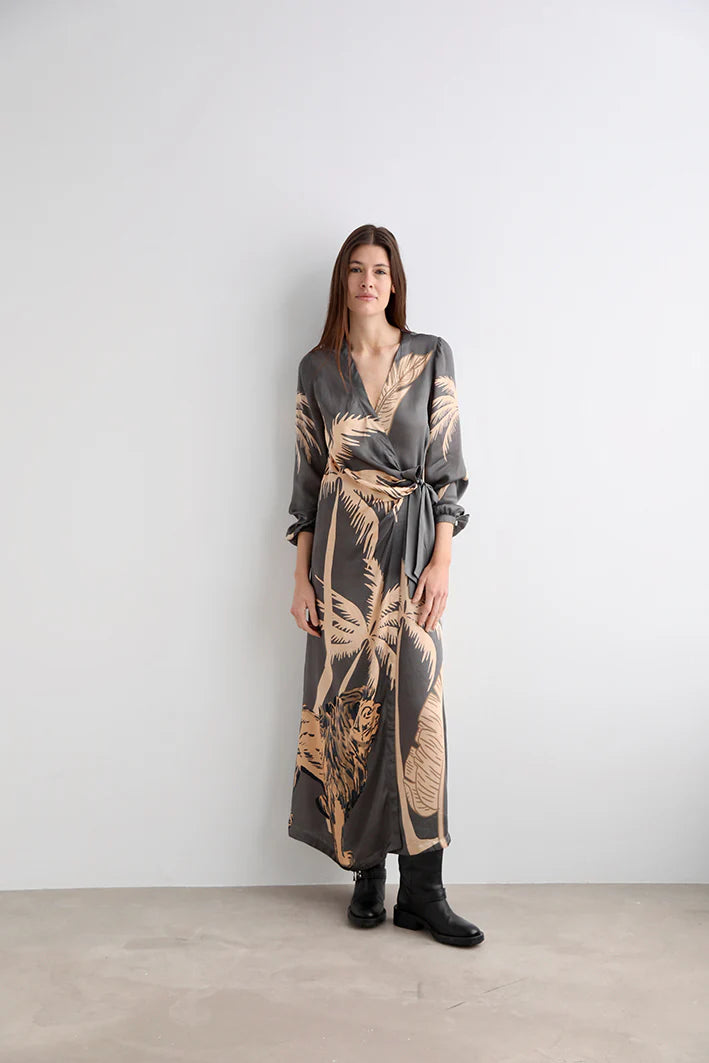 LONG DRESS LION PALMS GREY-Silk