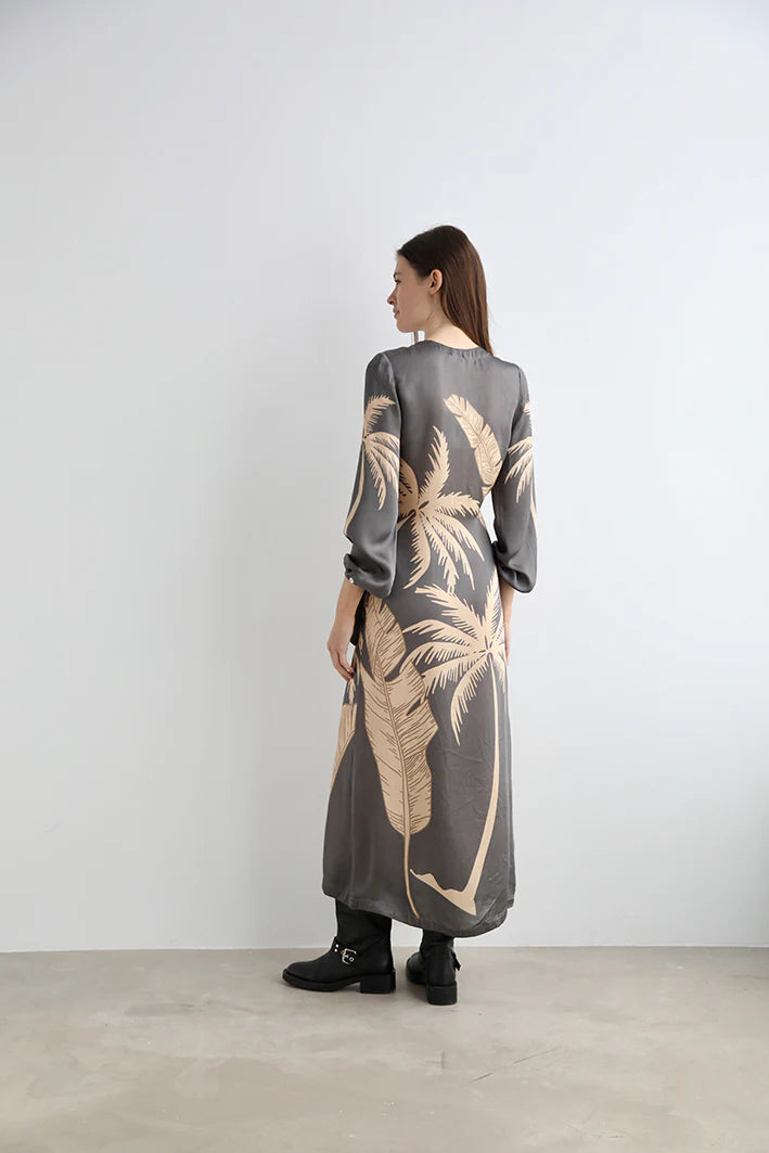 LONG DRESS LION PALMS GREY-Silk