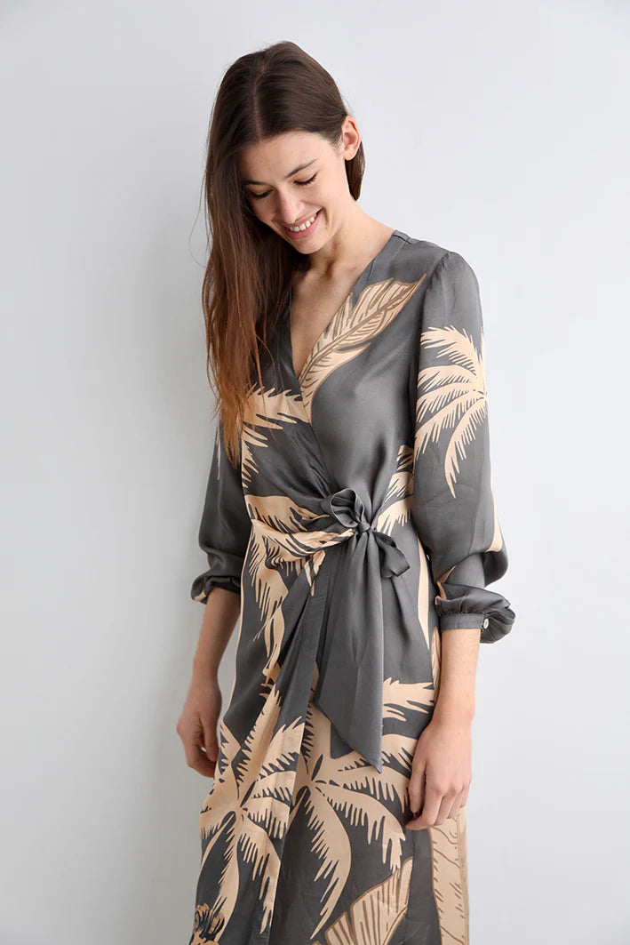 LONG DRESS LION PALMS GREY-Silk