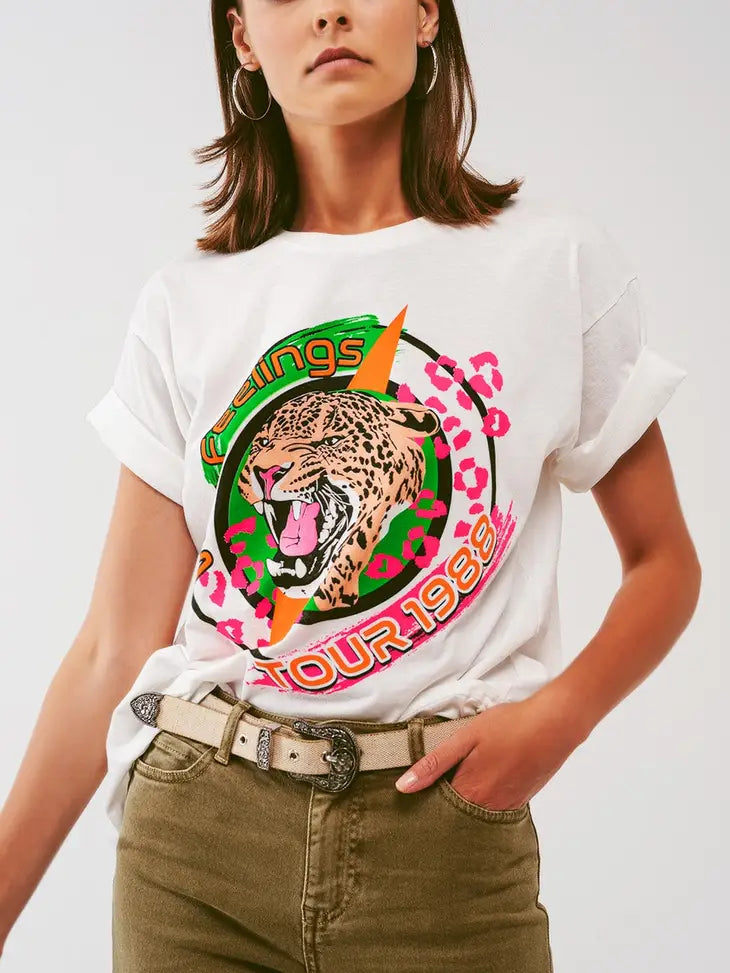 T-Shirt with Tiger Print Logo in White