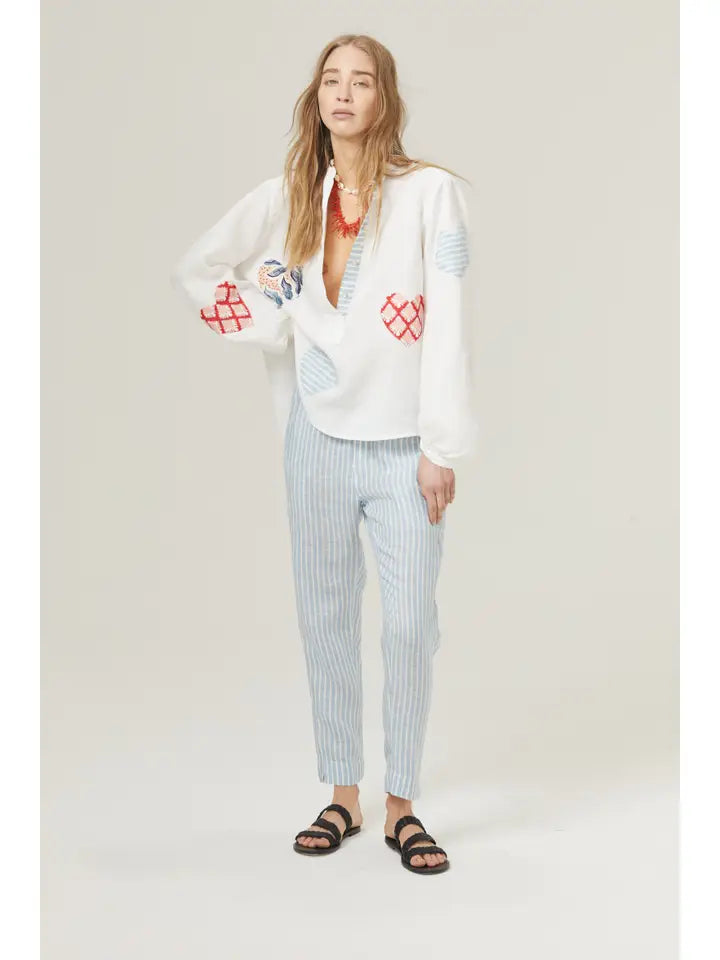 Cupid Linen Shirt - Off-White with Hearts in Varied Prints
