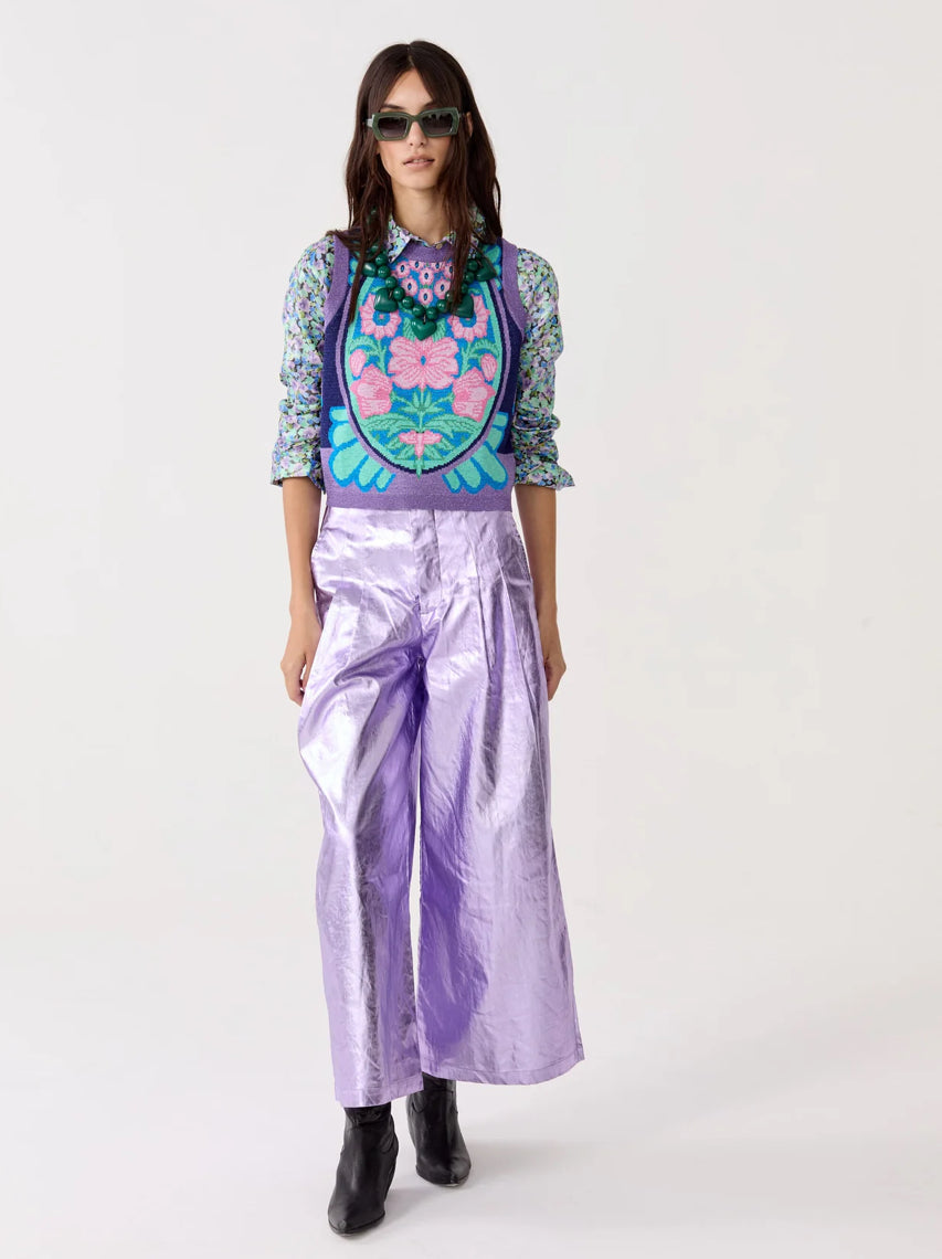 CULOTTE METALLIC LINEN PANTS - VIOLET