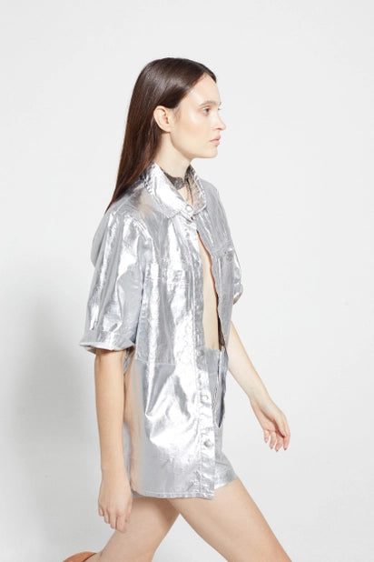 Soho Metallic Linen Shirt - Silver