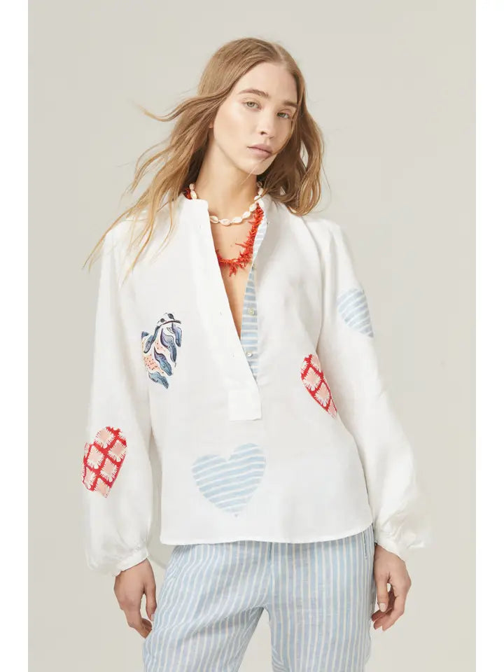 Cupid Linen Shirt - Off-White with Hearts in Varied Prints