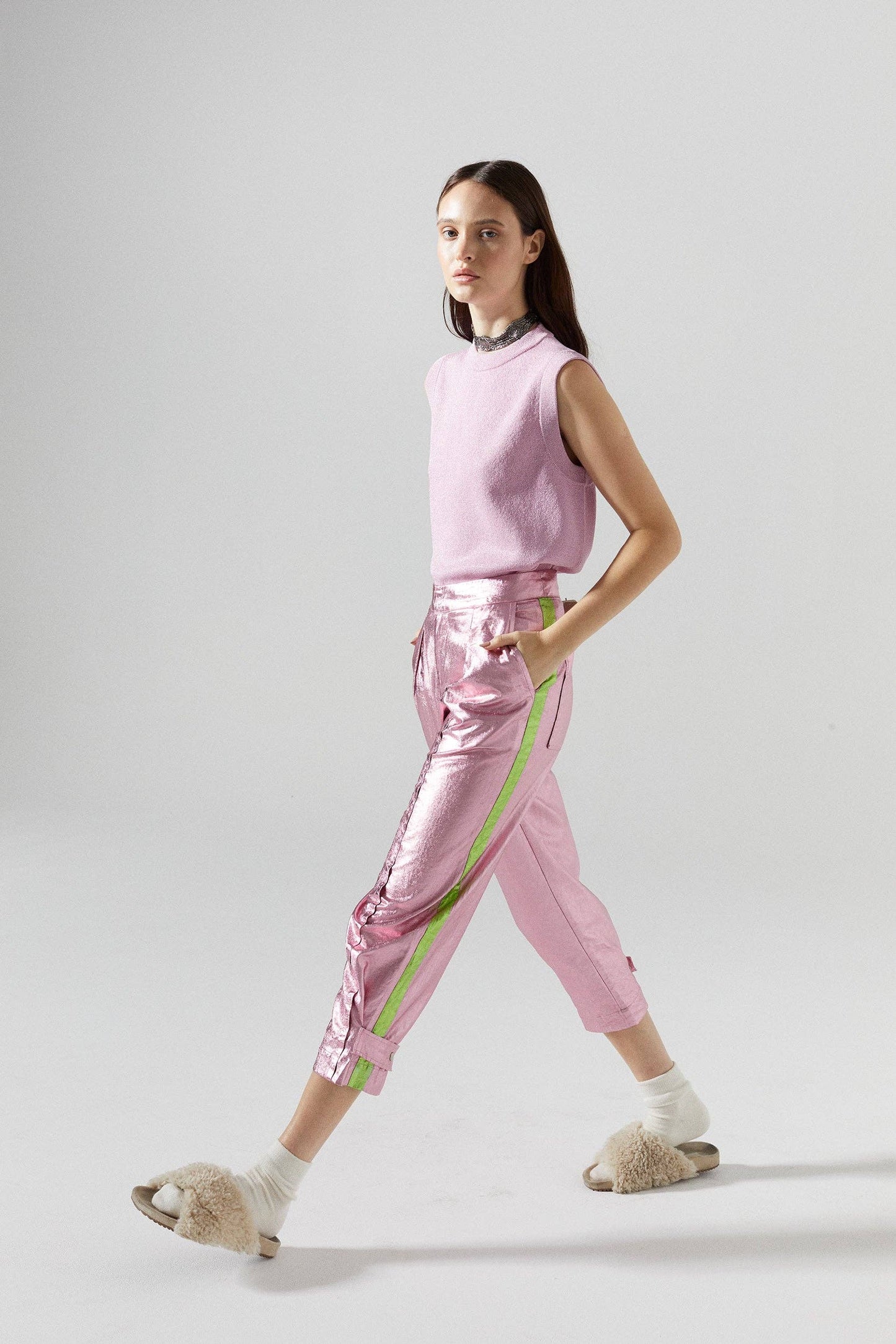 Gramercy Metallic Linen Pant - Pink W/Lime