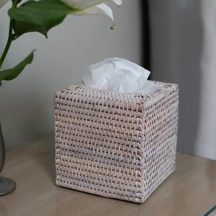 Artifacts Rattan Column Tissue Box Cover- White Wash