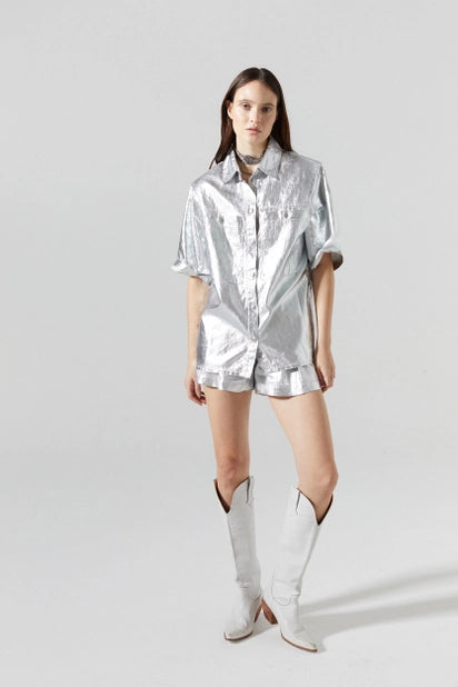 Soho Metallic Linen Shirt - Silver