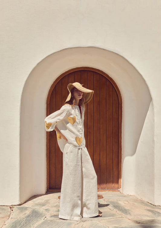 Linen Shirt - Off-White w/ Gold Hearts