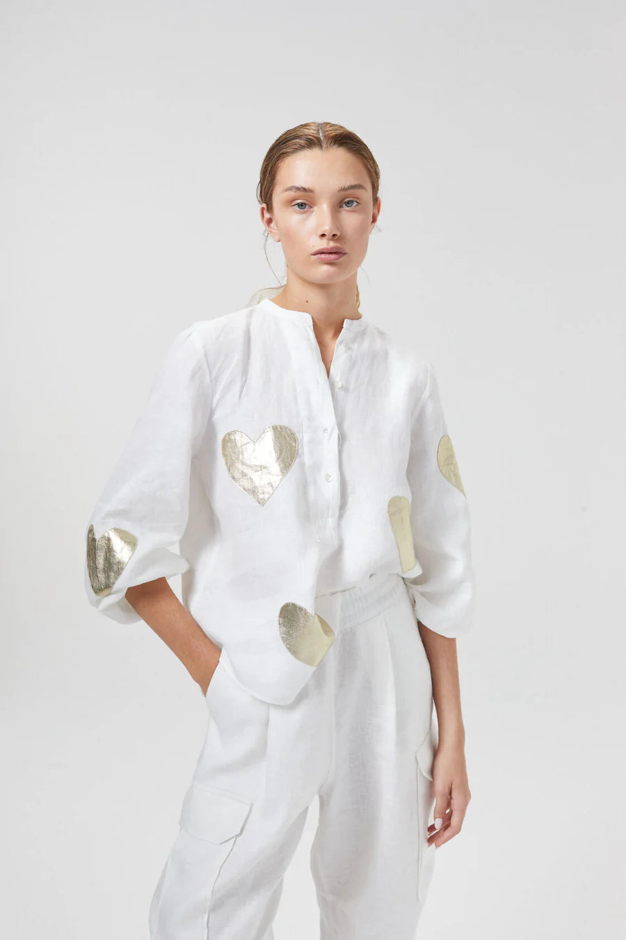 Linen Shirt - Off-White w/ Gold Hearts