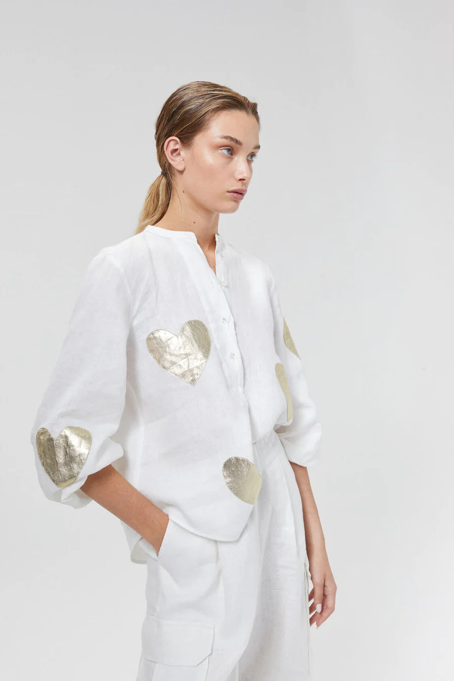 Linen Shirt - Off-White w/ Gold Hearts