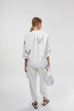 Linen Shirt - Off-White w/ Gold Hearts