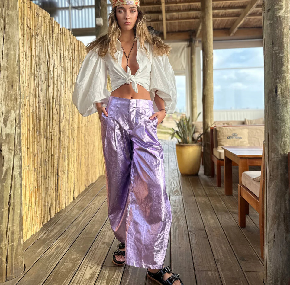 CULOTTE METALLIC LINEN PANTS - VIOLET