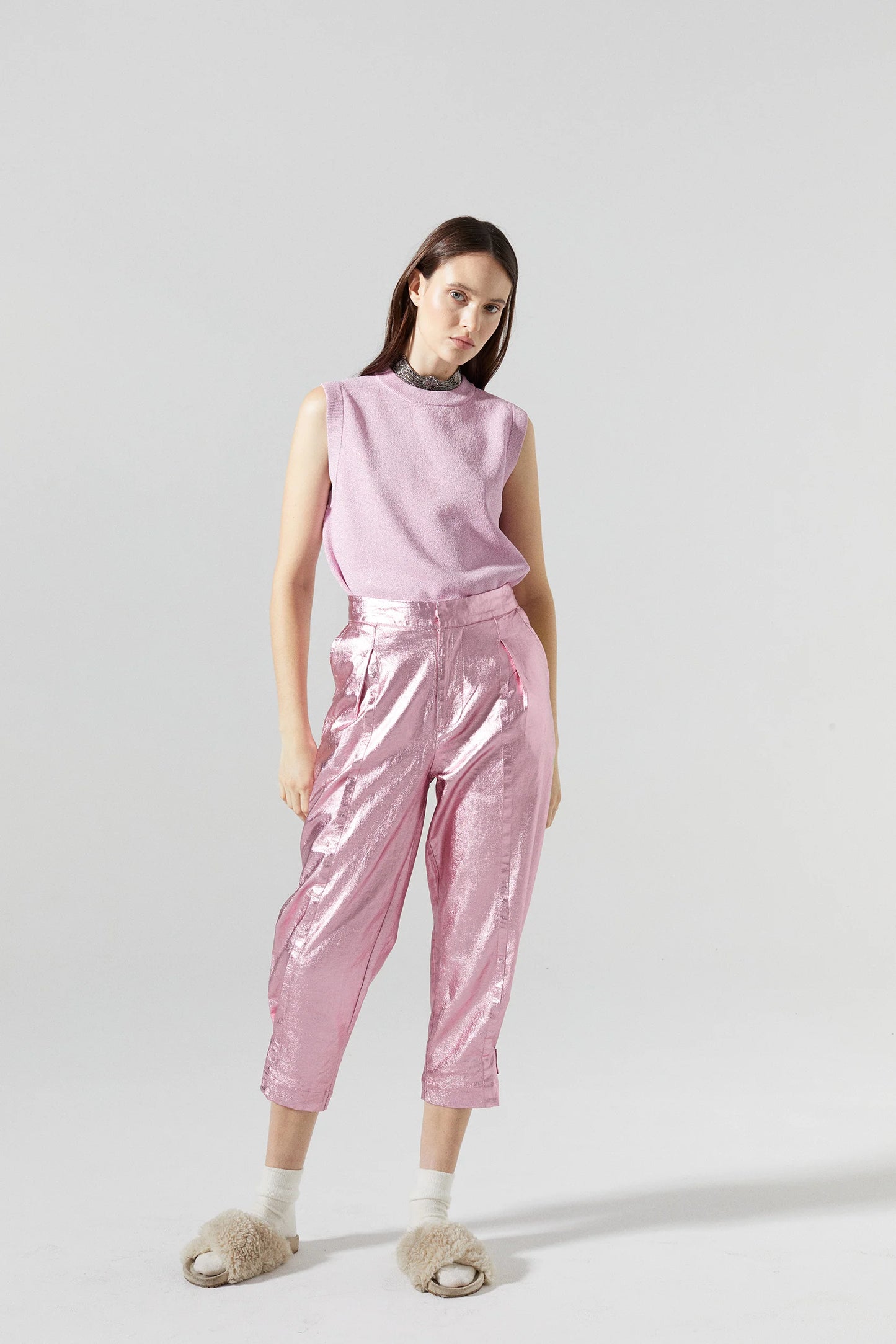 Gramercy Metallic Linen Pant - Pink W/Lime