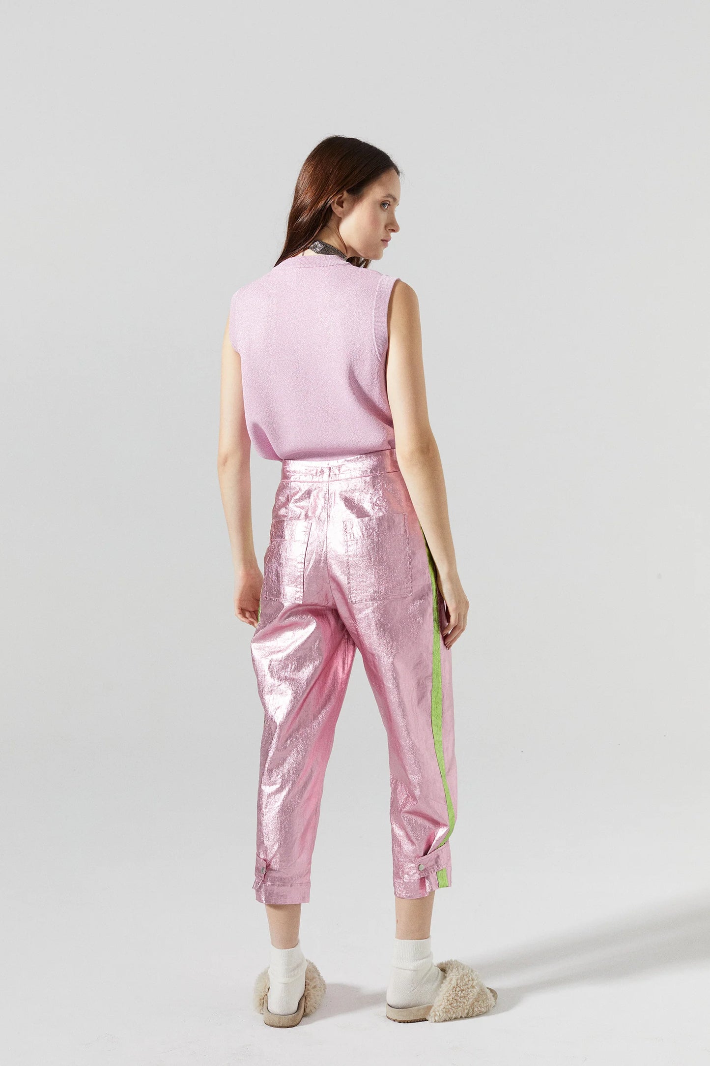 Gramercy Metallic Linen Pant - Pink W/Lime