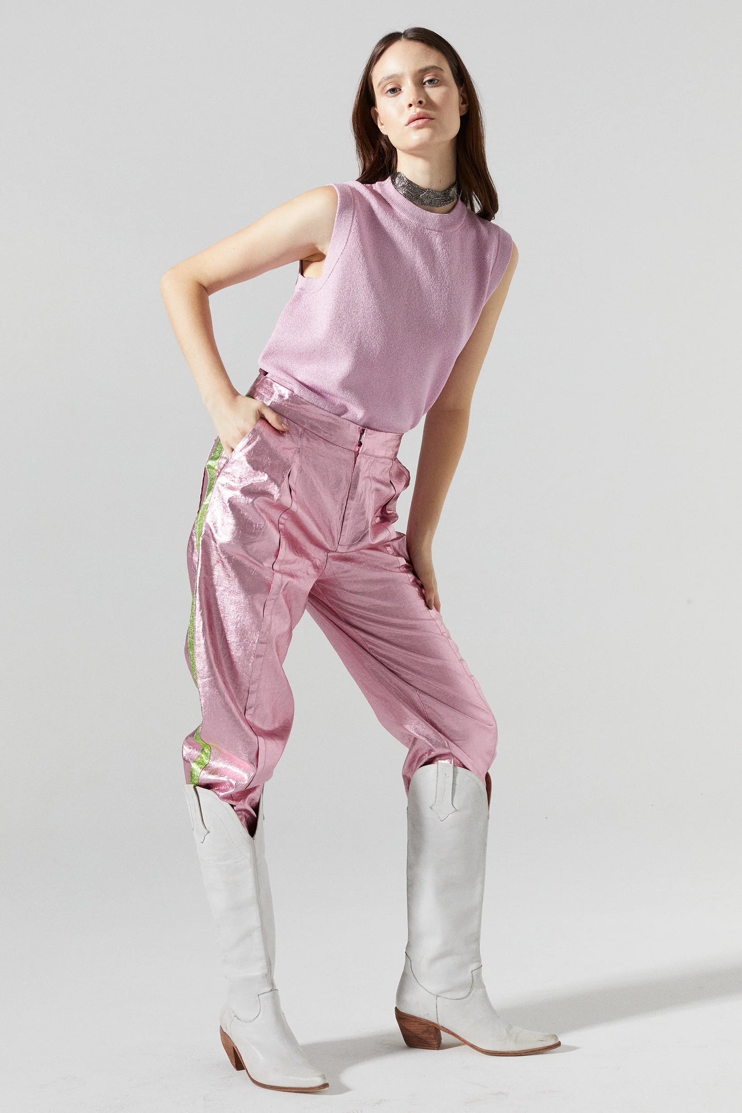 Gramercy Metallic Linen Pant - Pink W/Lime