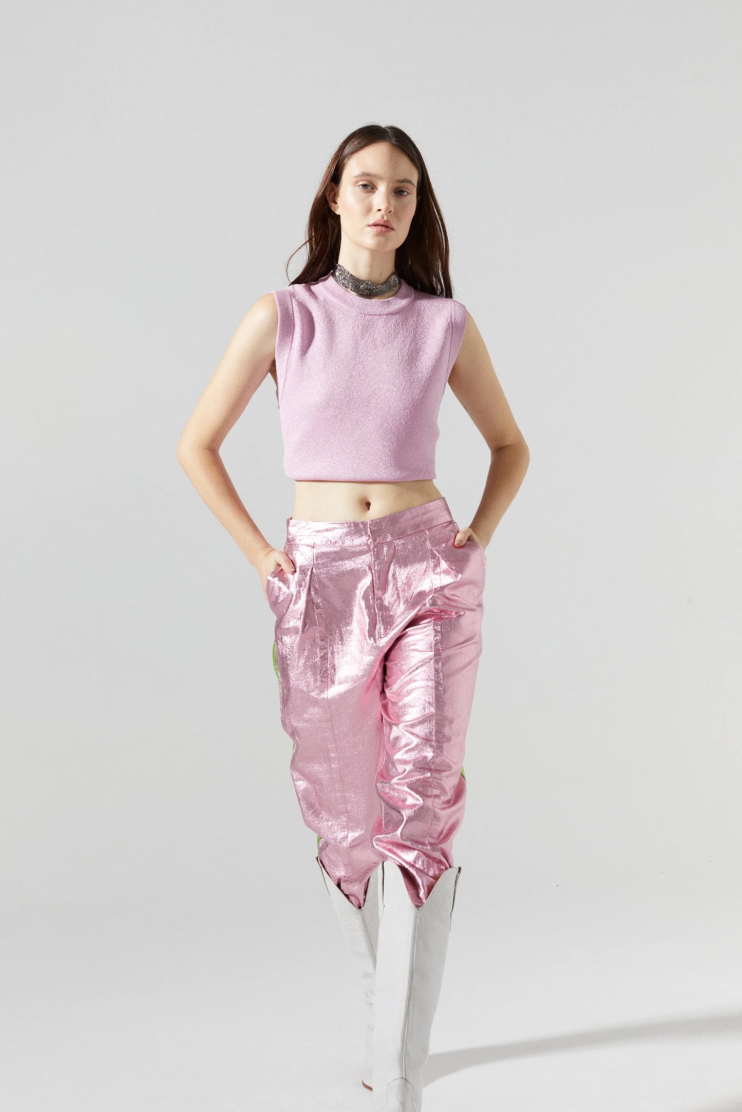 Gramercy Metallic Linen Pant - Pink W/Lime