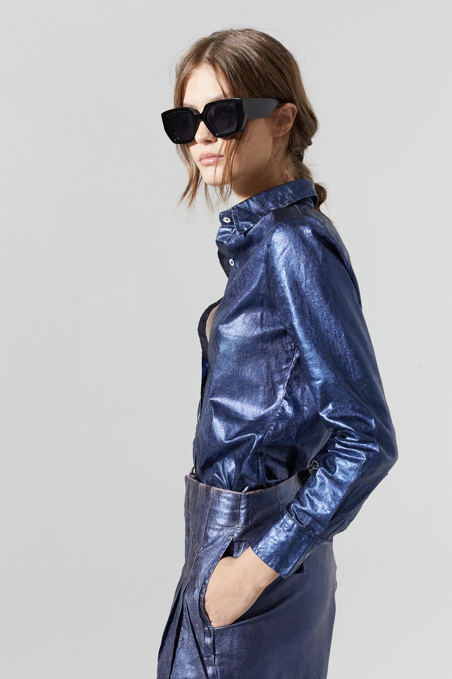 Marino Metallic Linen Shirt - Dark Blue