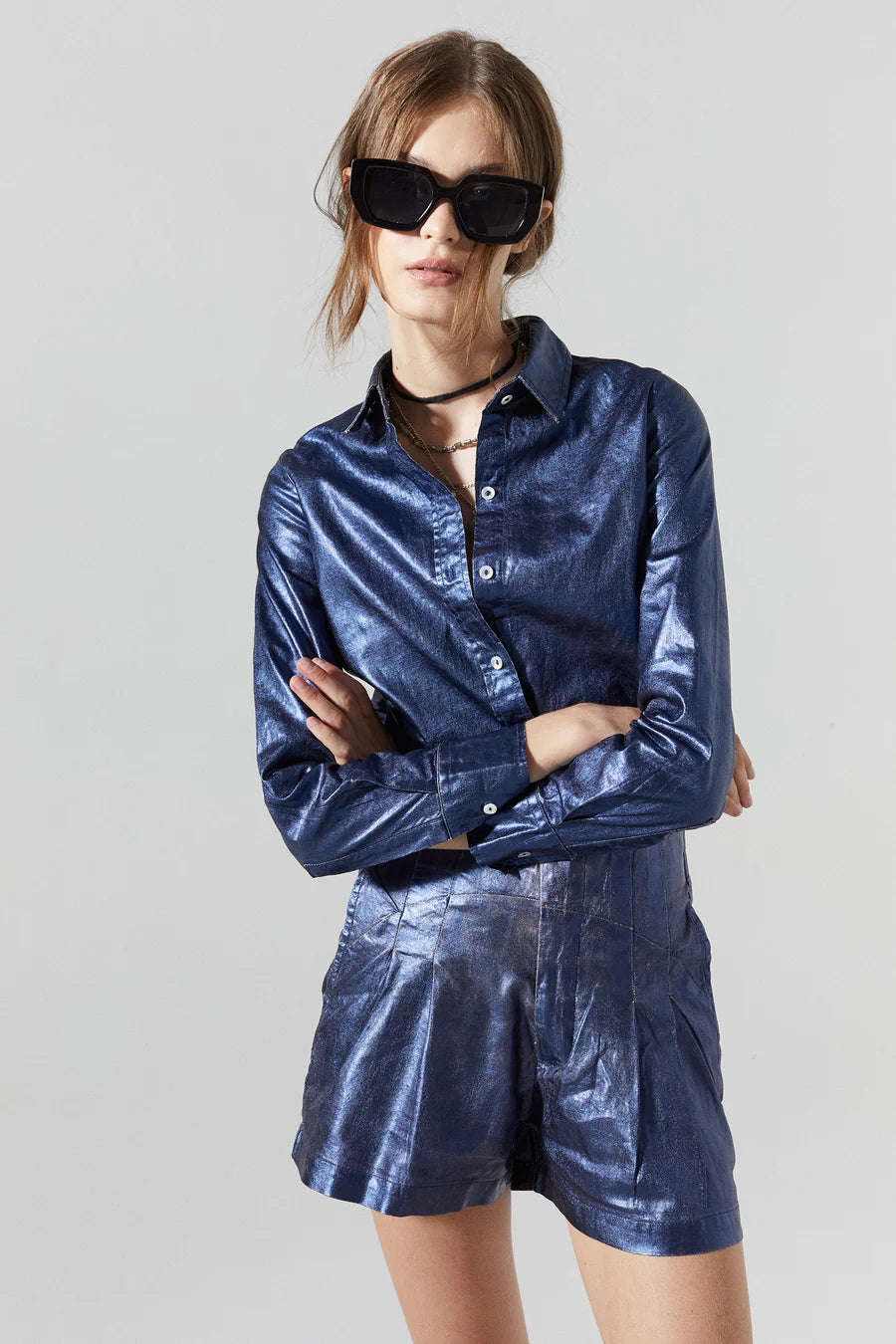 Marino Metallic Linen Shirt - Dark Blue