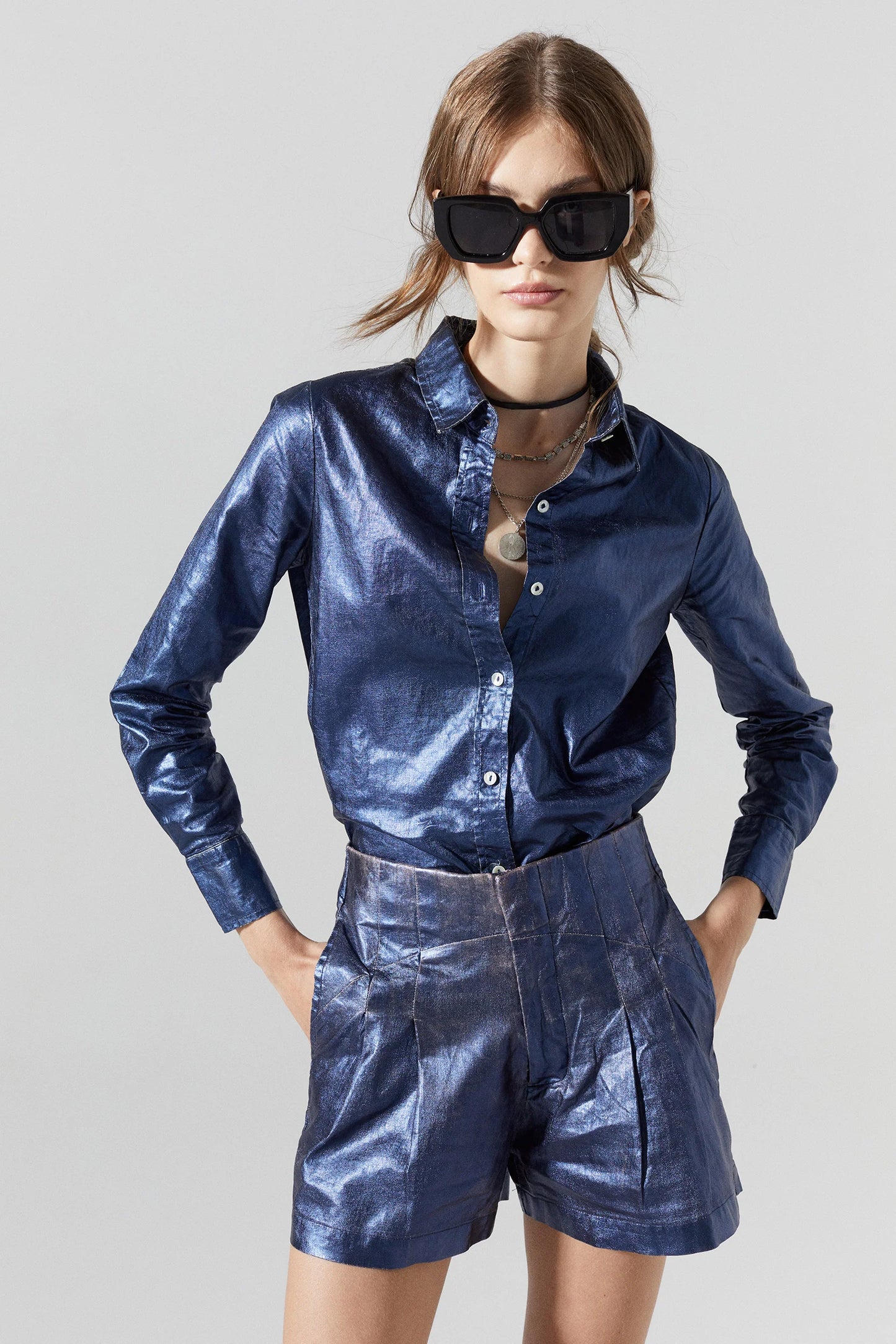 Marino Metallic Linen Shirt - Dark Blue