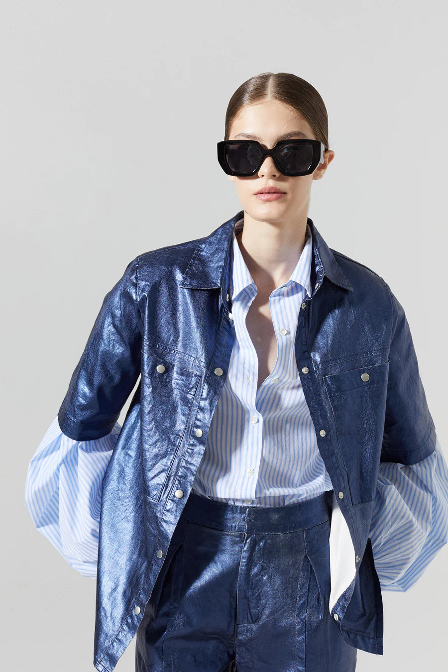 Soho Metallic Linen Shirt - Dark Blue