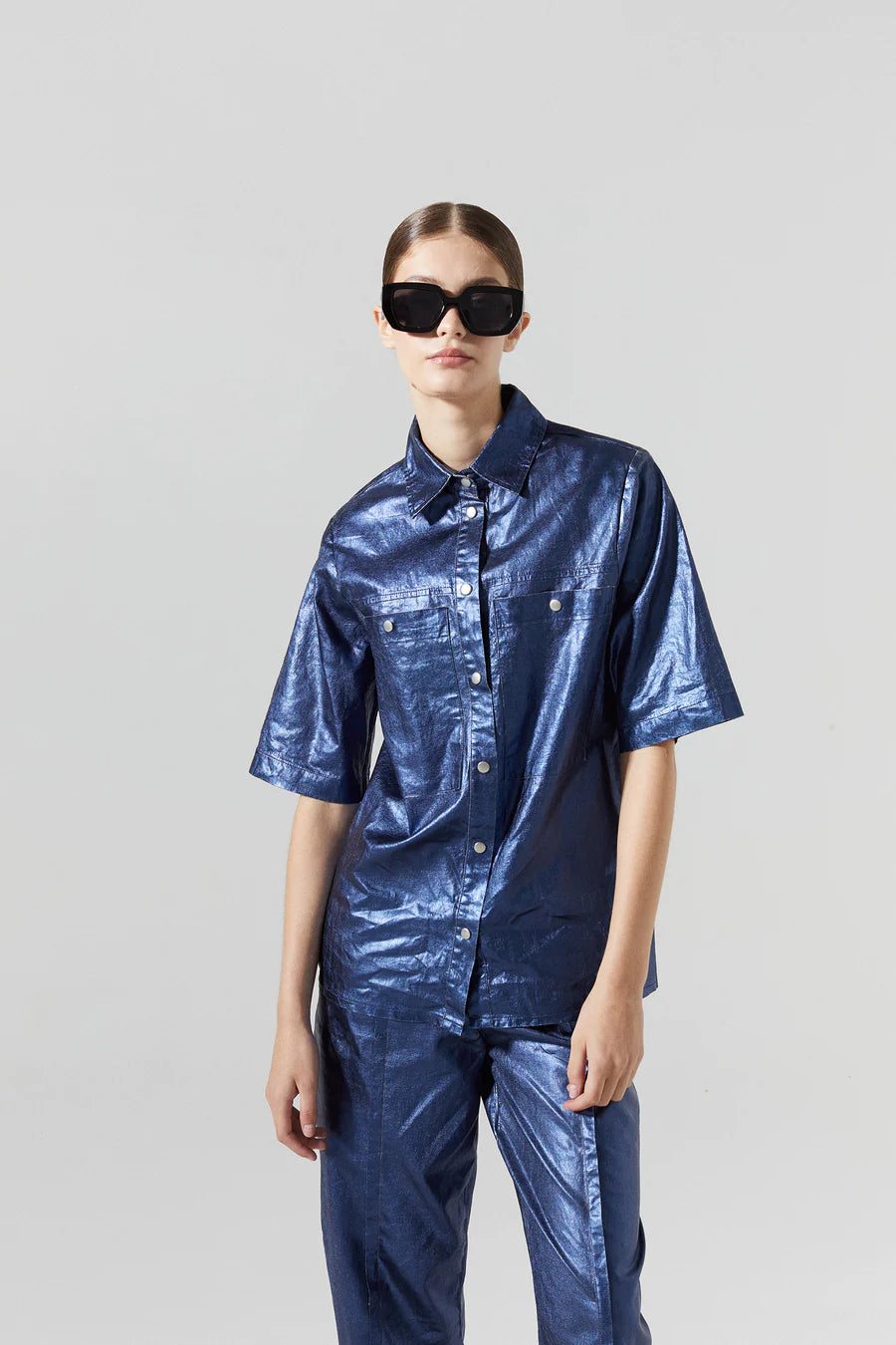 Soho Metallic Linen Shirt - Dark Blue